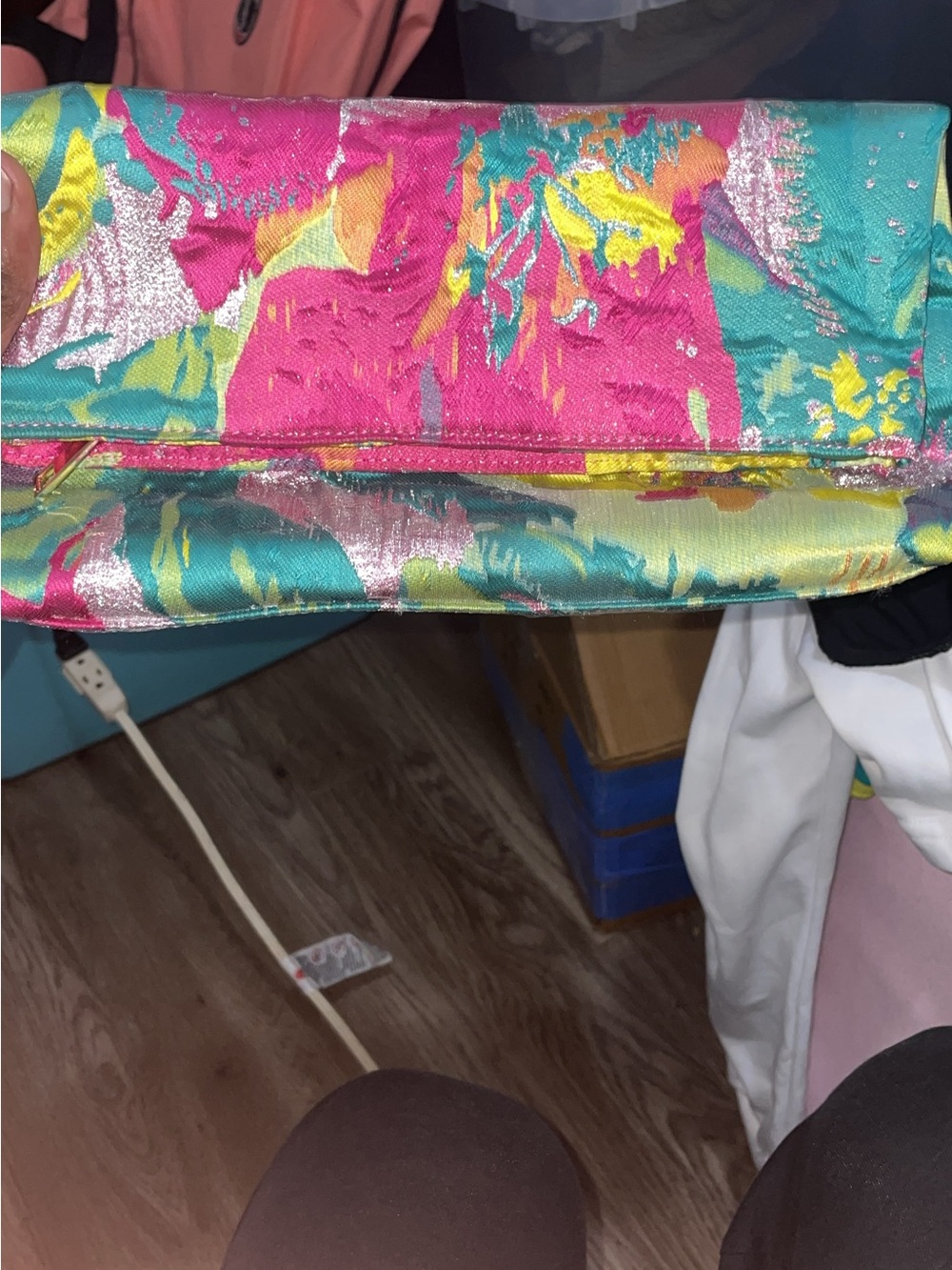 AKIRA Pink Teal Yellow Metallic Satin Clutch